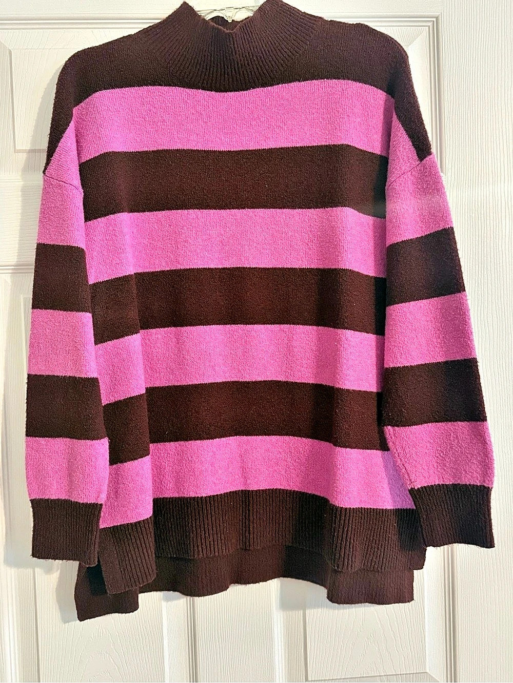 LOFT Oversize Striped Mock Neck Sweater Pink & Brown Large